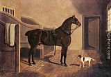Coach Canvas Paintings - A Favorite Coach Horse and Dog in a Stable